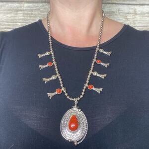 Vintage Southwestern  Faux Red Agate Stone Squash Blossom Necklace Naja Pendant